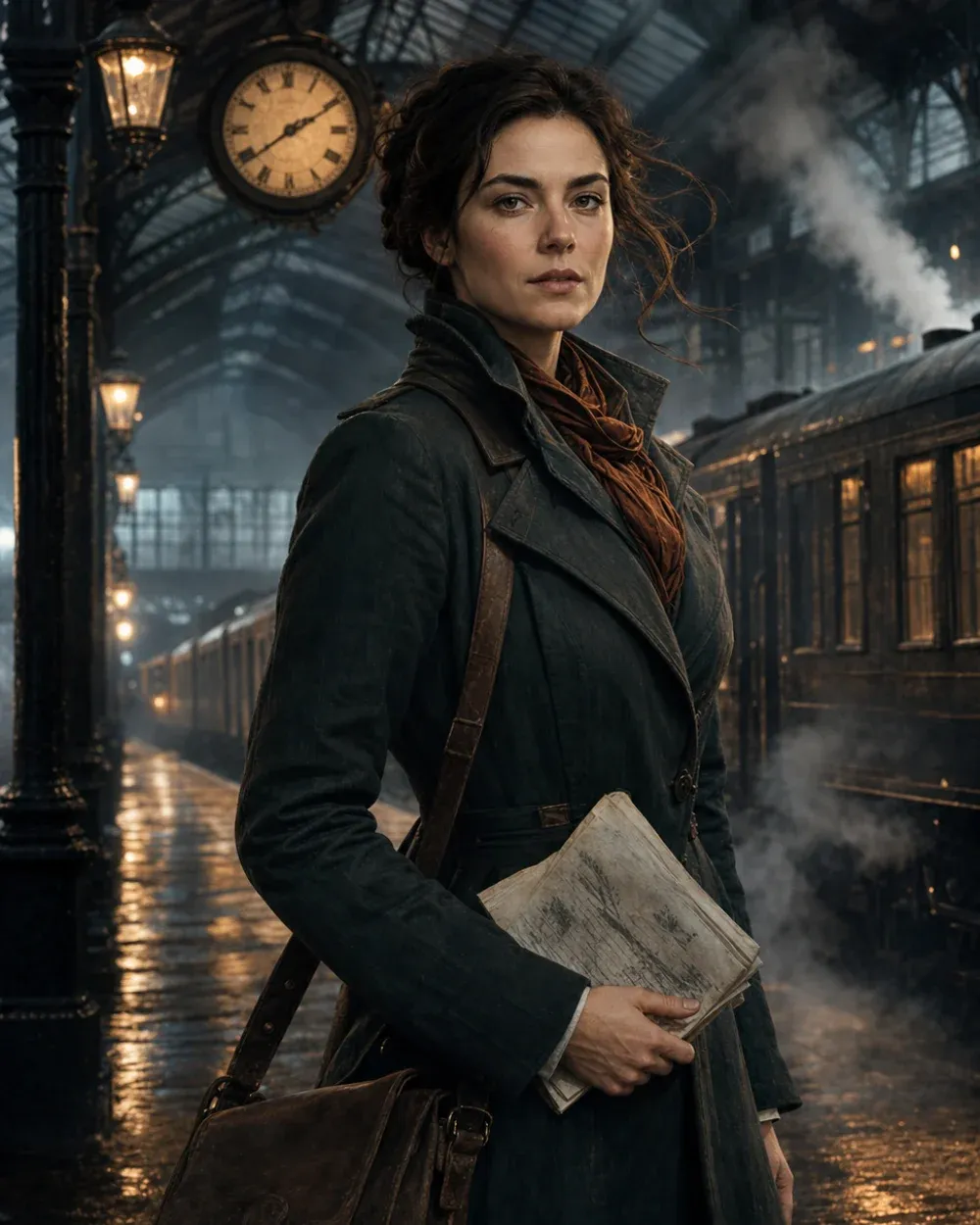 Eleanor Pryce, giornalista, su una banchina ferroviaria della Londra vittoriana sotto la pioggia