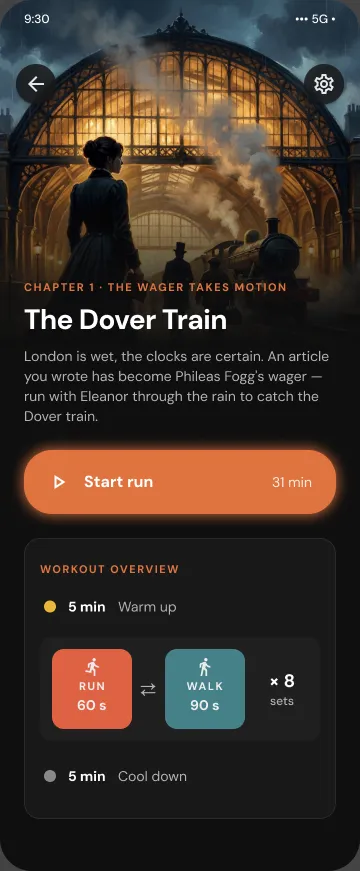 Runes prima dell'allenamento: anteprima di The Dover Train con introduzione alla storia, pulsante per iniziare e riepilogo dell'allenamento guidato